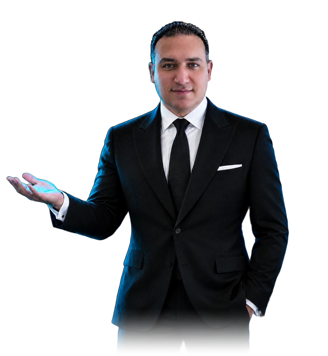 Behnood Neshat in a black suit, one hand held out, palm open